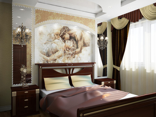 Спальня с использованием фрески на стене